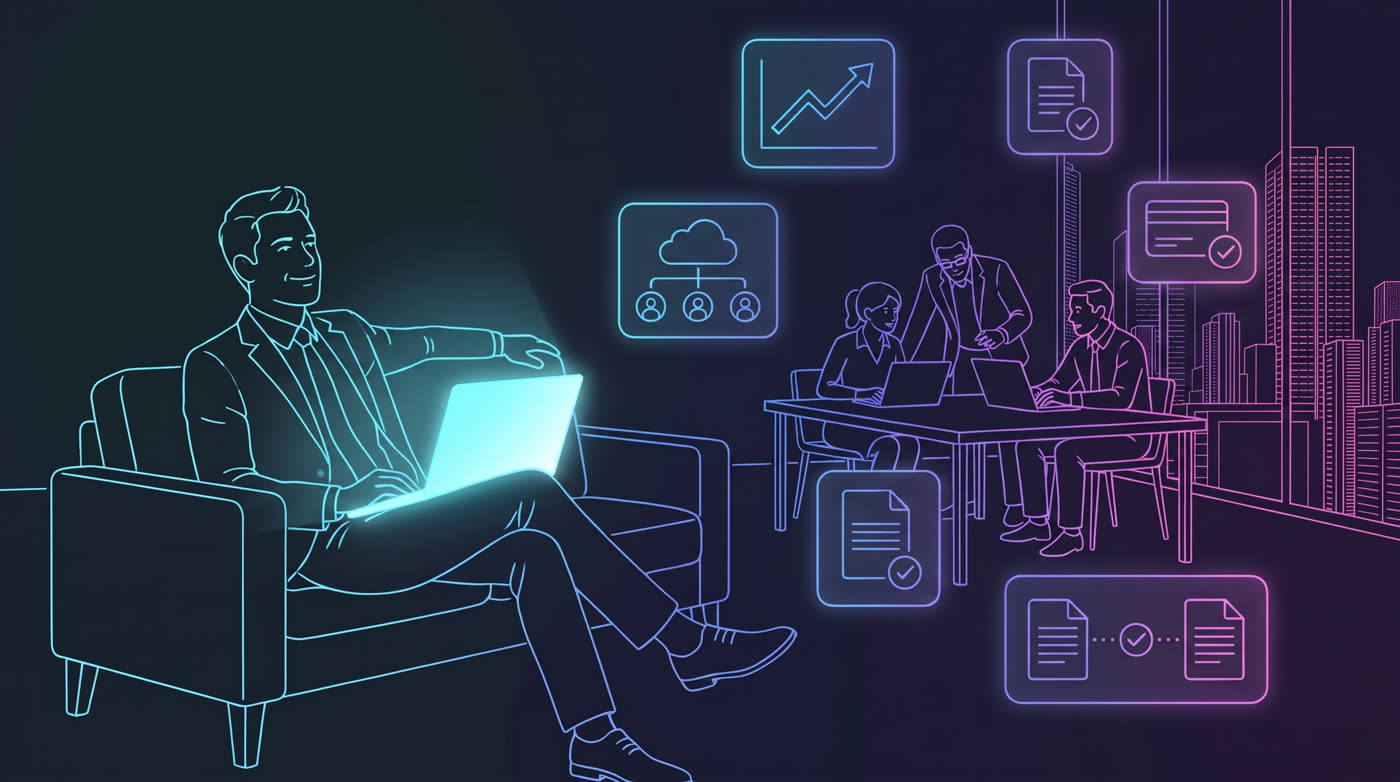 A business owner relaxed with a laptop while their team works and approvals complete around them